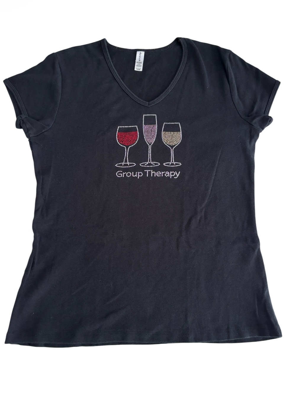 Chris’s Stuff Black Graphic Tee | Wine Glass “Group Therapy” | Rhinestone | Y2K - Picture 2 of 6